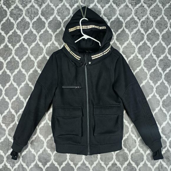 Club Exx LED Light Up Jacket Womens Small Black Hood Rave Bomber Festival Coat - Picture 2 of 14